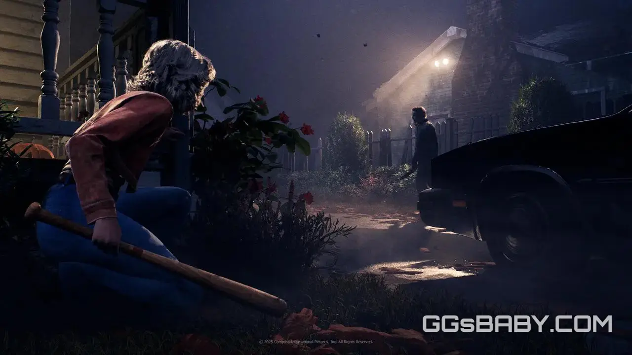 Michael Myers standing silently on a suburban porch surrounded by jack-o'-lanterns via ggsbaby.com