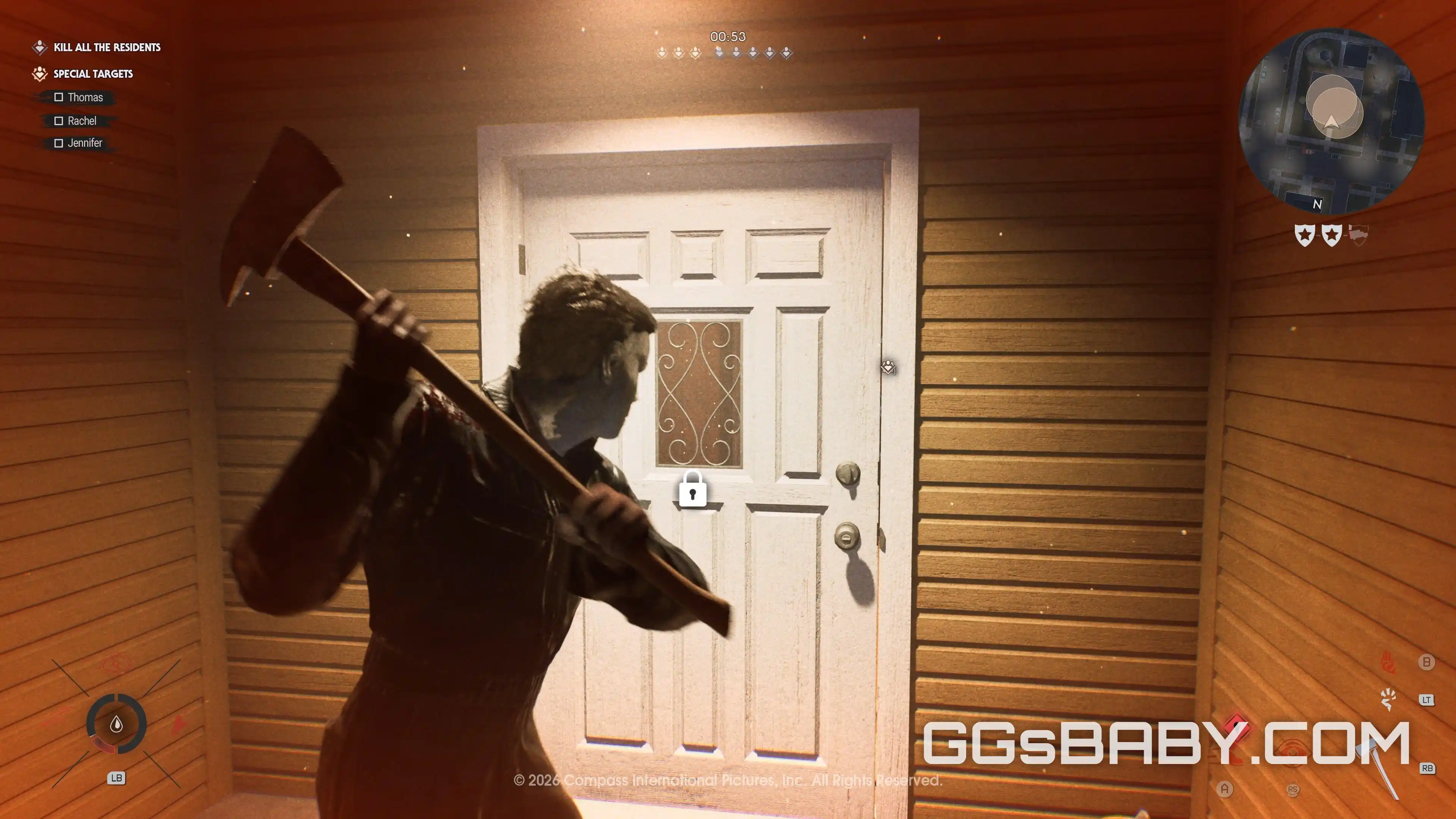 First-person view of Michael Myers swinging an axe to break down a locked house door via ggsbaby.com
