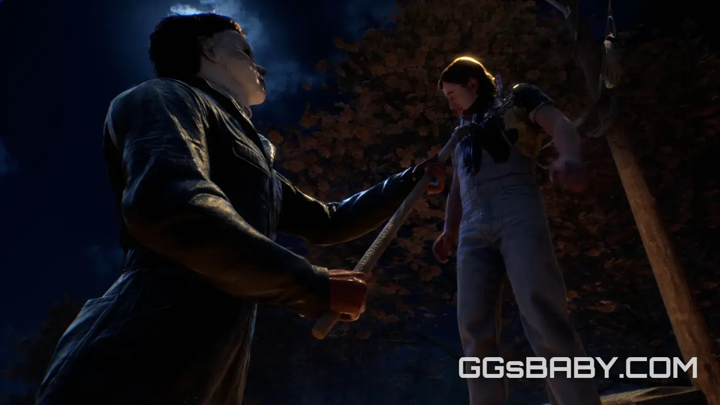 Survivor holding a baseball bat while hiding behind bushes as Michael Myers approaches via ggsbaby.com