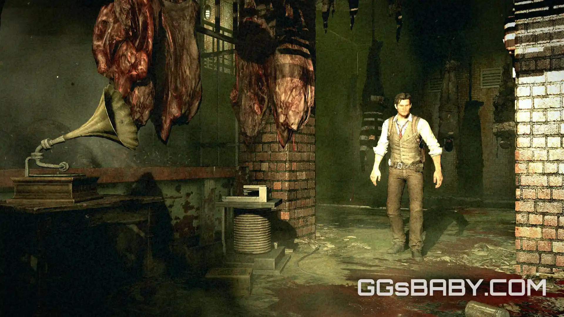 Sebastian standing in a bloody save room next to a gramophone and hanging meat via ggsbaby.com