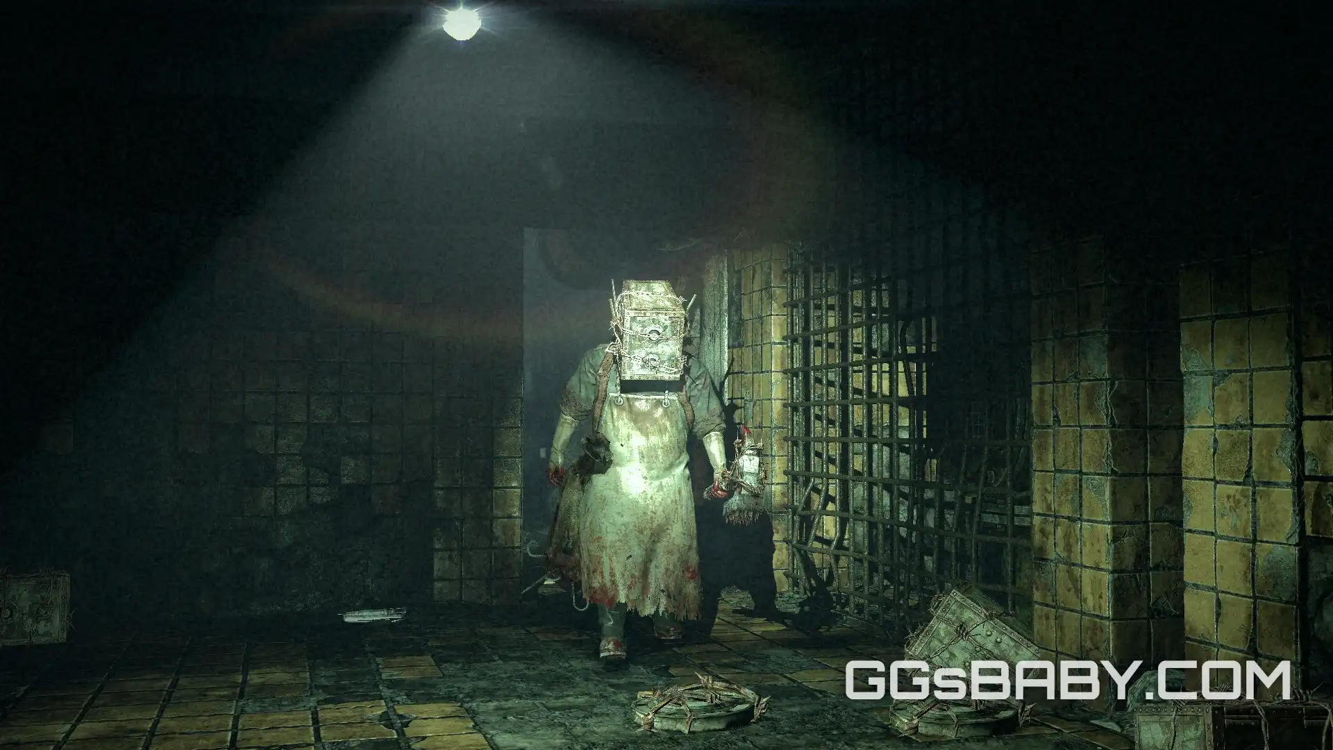 The Keeper boss patrolling a grimy dungeon corridor with a bear trap on the floor via ggsbaby.com