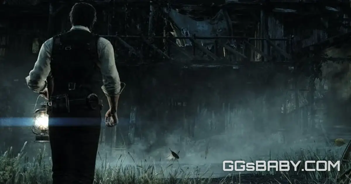 Sebastian holding a lantern while approaching a dark, ruined wooden barn in the fog via ggsbaby.com