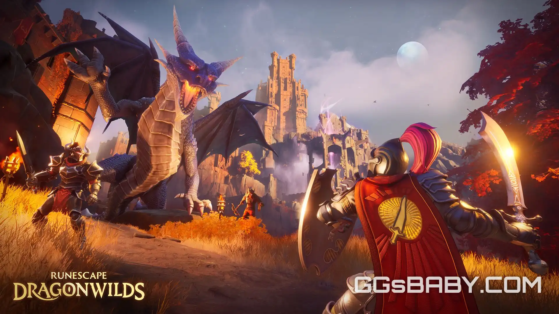 Armored knight with sword and shield confronting a roaring purple dragon near a castle via ggsbaby.com