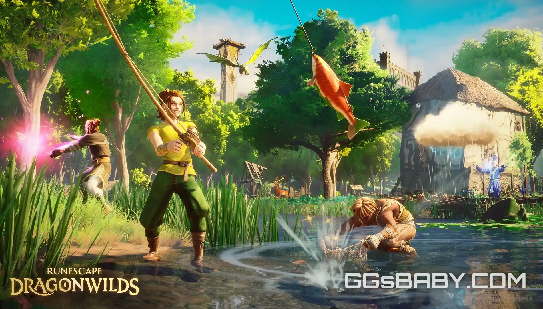 Players fishing on a riverbank with magic spells and a dragon flying in the background via ggsbaby.com