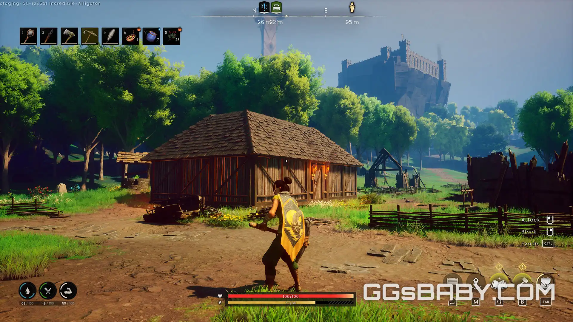 Third-person gameplay HUD showing a player standing near a wooden base with a distant castle via ggsbaby.com