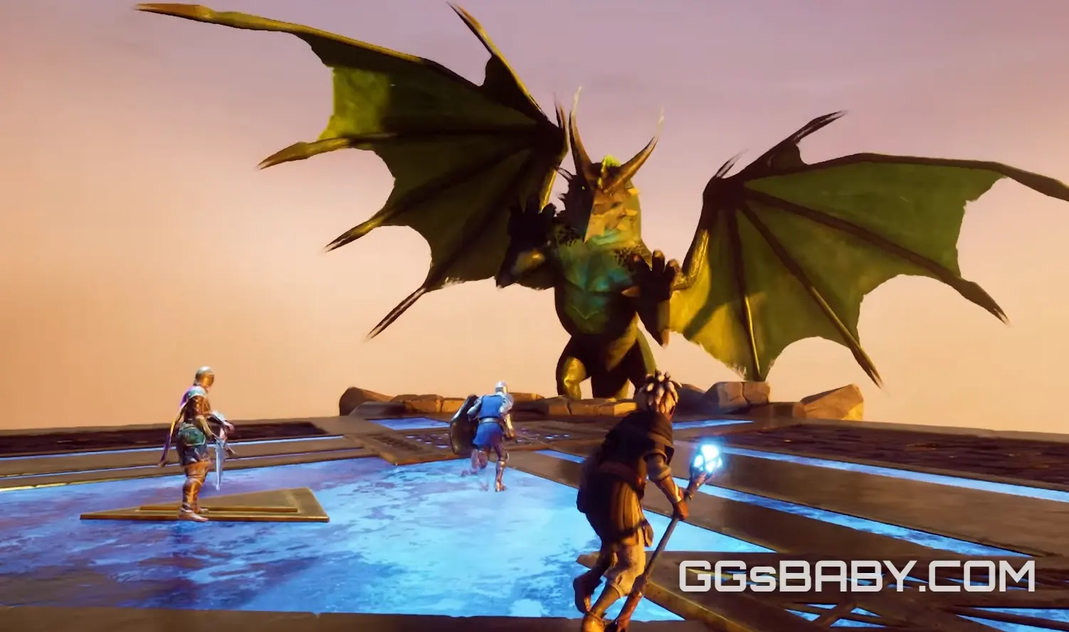 Three co-op players facing a massive green dragon on an ancient stone platform via ggsbaby.com