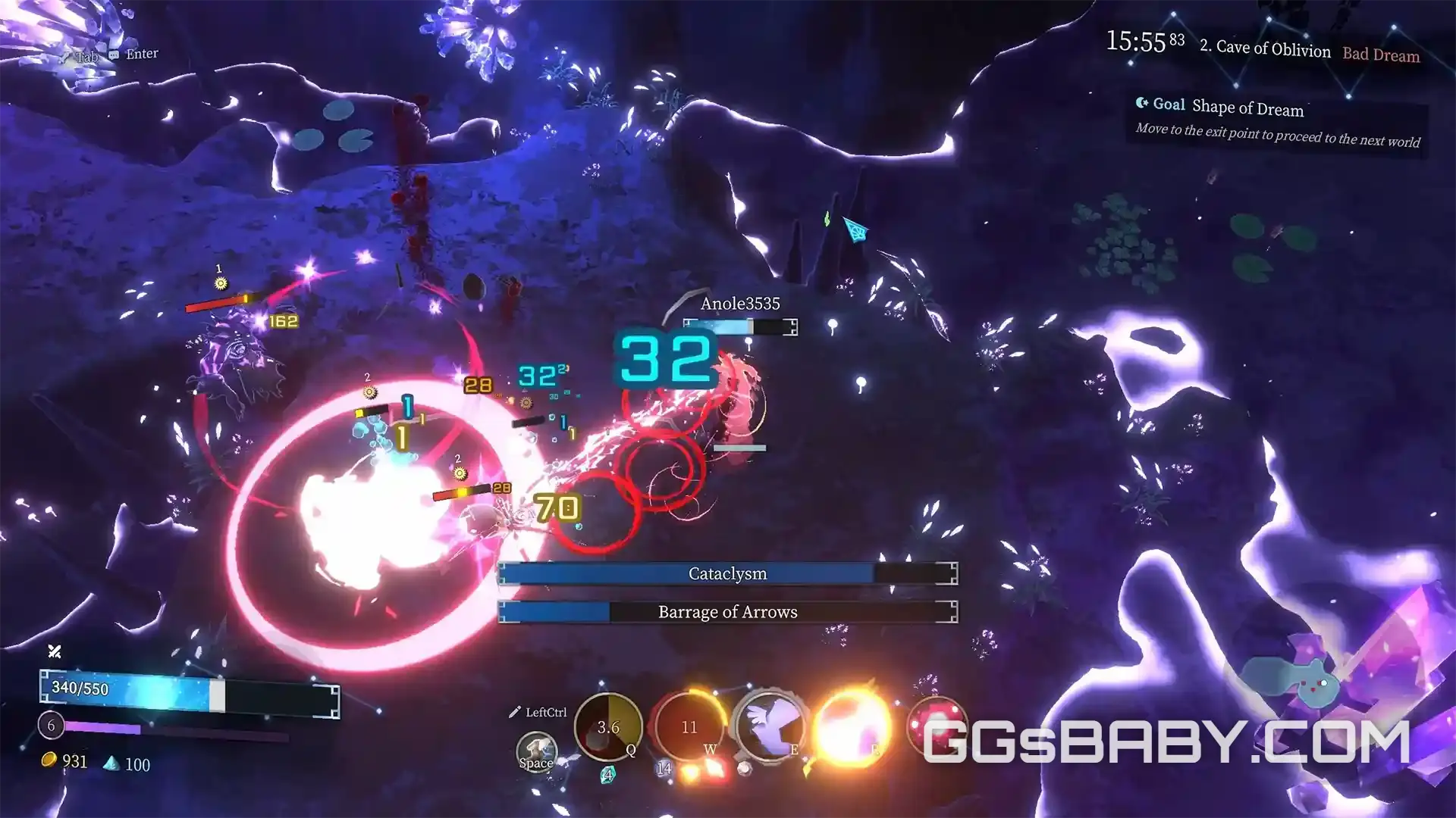 Chaotic combat in the Cave of Oblivion showing damage numbers, UI cooldowns, and a boss enemy via ggsbaby.com
