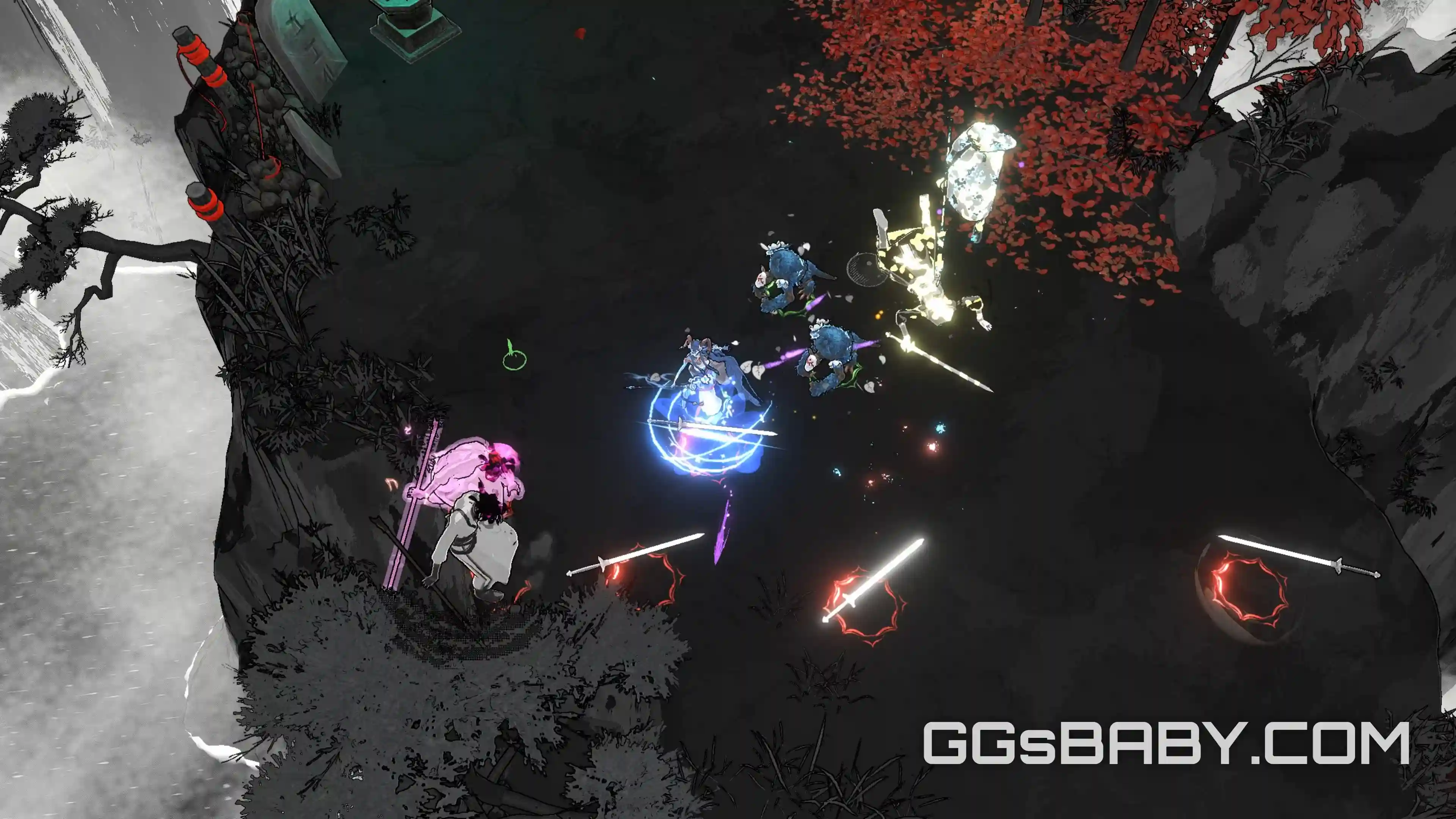 Player character dodging flying glowing swords and fighting monsters near a cliff with red trees via ggsbaby.com