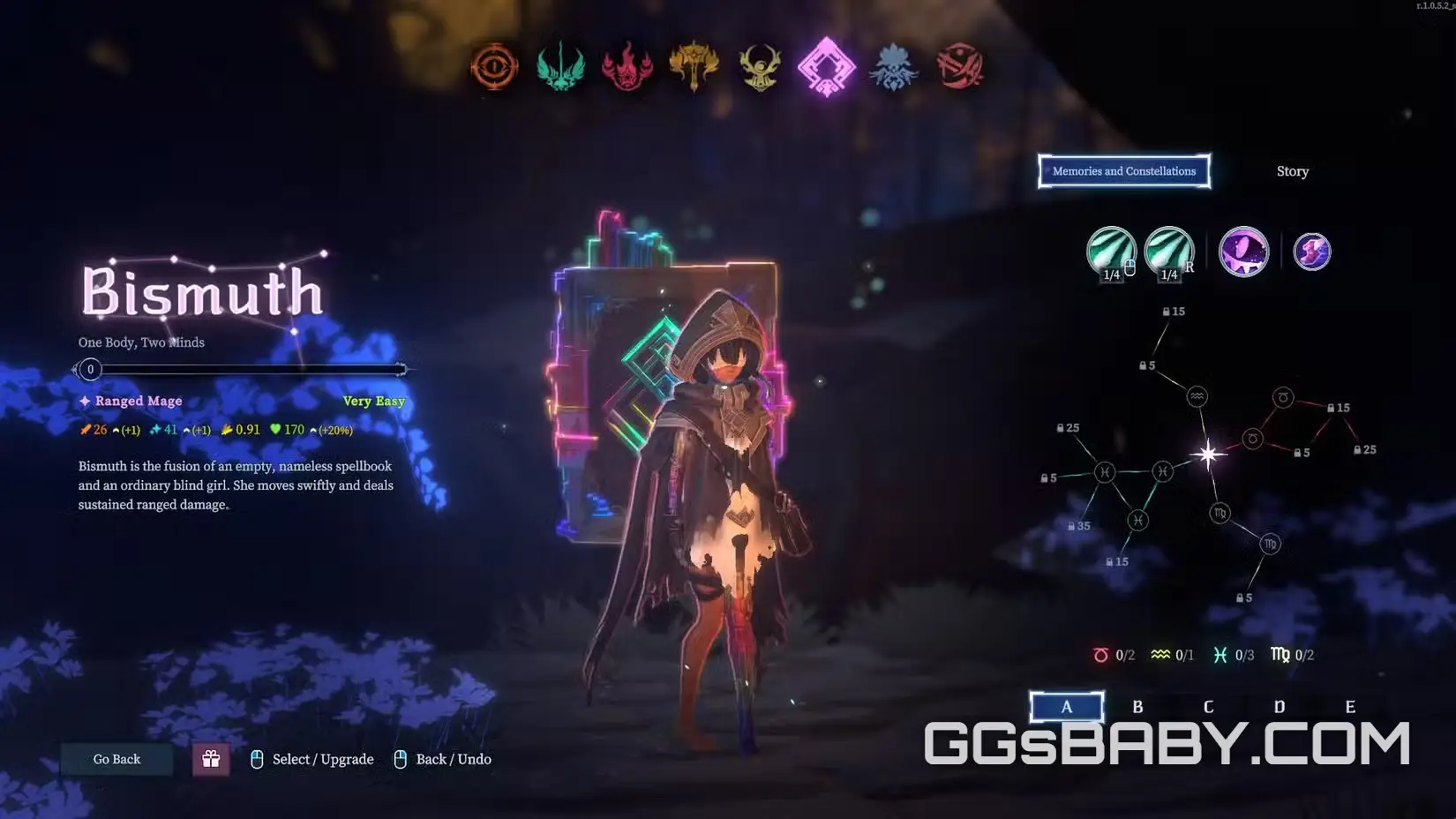 Bismuth character selection screen displaying the constellation skill tree and ranged mage stats via ggsbaby.com