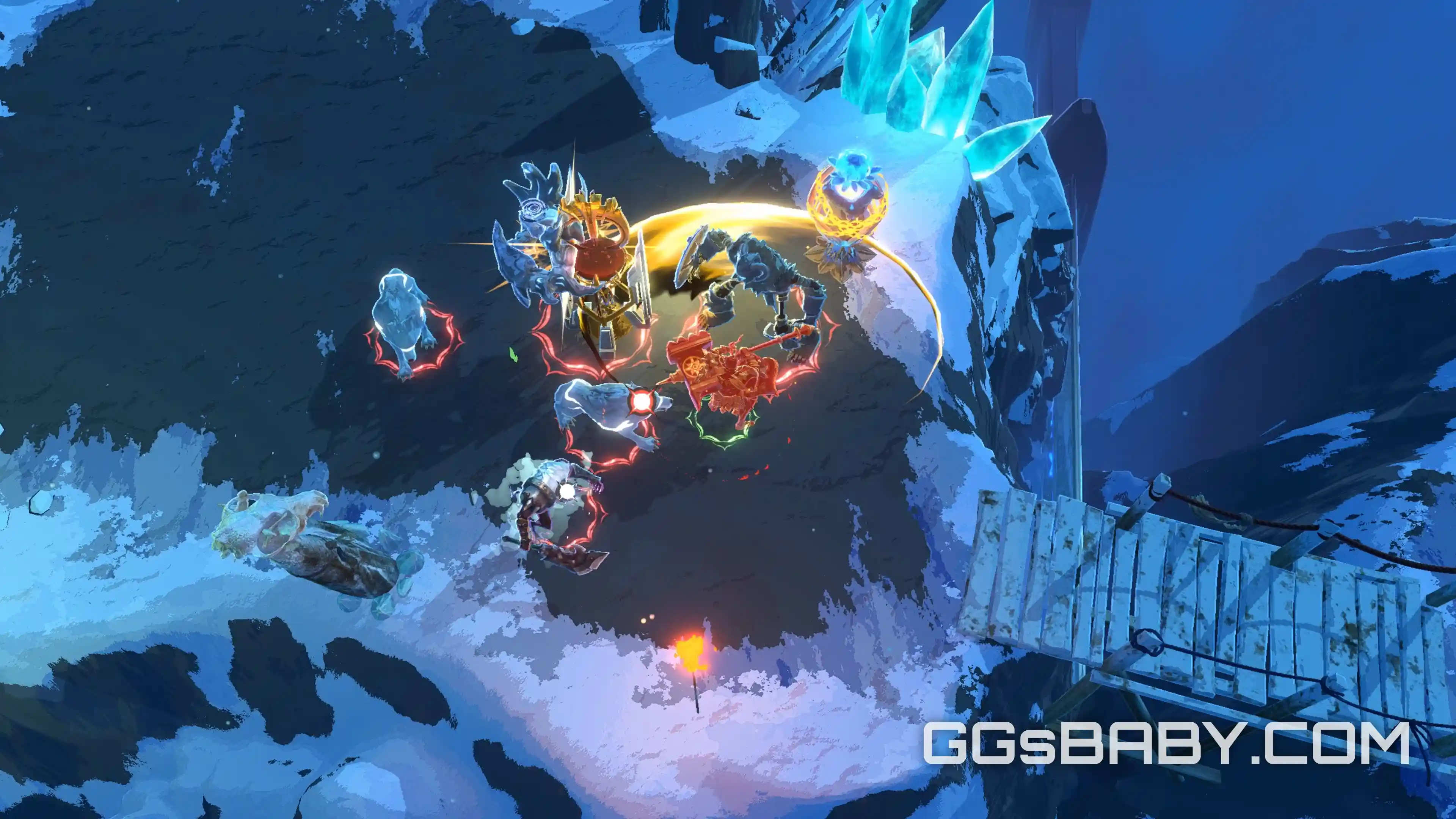 Top-down combat in a snowy biome dodging red attack indicators from ice wolves and armored foes via ggsbaby.com
