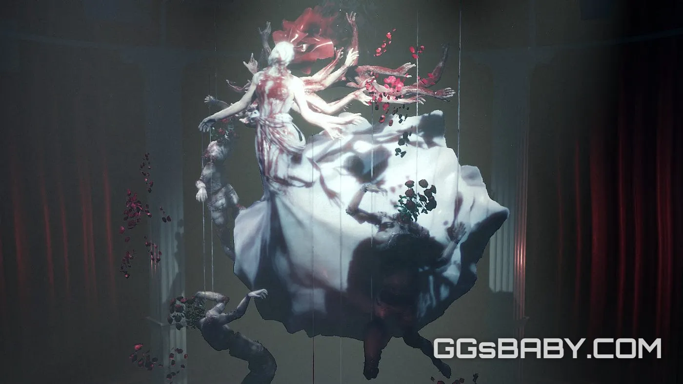 Sebastian facing the horrific multiple-armed, white-skinned boss monster in a theater setting in The Evil Within 2 via ggsbaby.com
