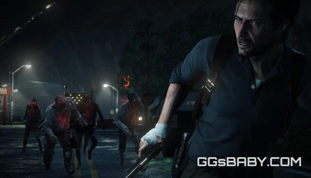 Sebastian Castellanos holding a shotgun while running away from a horde of red-eyed Lost on a dark The Evil Within 2 street via ggsbaby.com