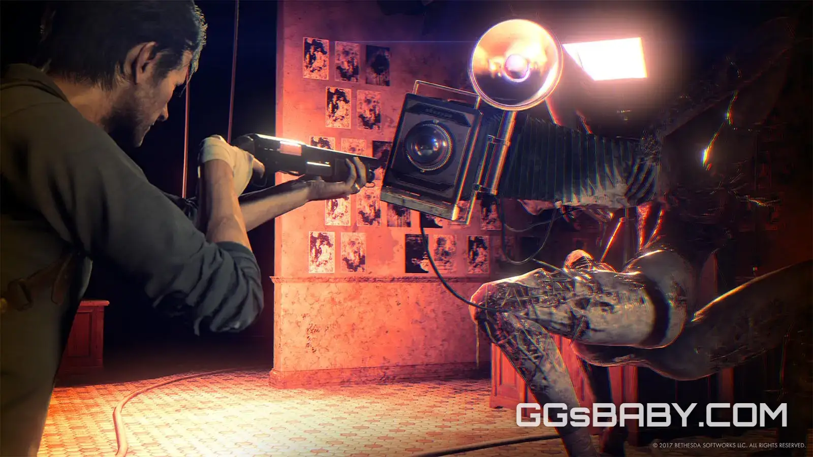 Sebastian aims a shotgun directly at the terrifying Obscura camera boss in a lit studio in The Evil Within 2 via ggsbaby.com