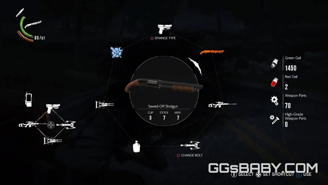 The Evil Within 2 radial inventory menu displaying the Sawed-Off Shotgun and resource counts like Green Gel via ggsbaby.com