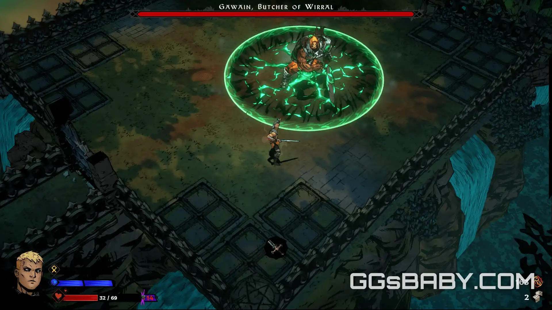 Player fighting boss Gawain Butcher of Wirral unleashing a green AOE spell on a bridge via ggsbaby.com