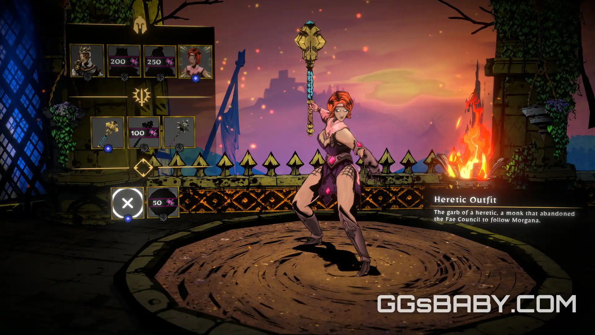 Character customization screen in SWORN showing a Monk character holding a golden mace via ggsbaby.com