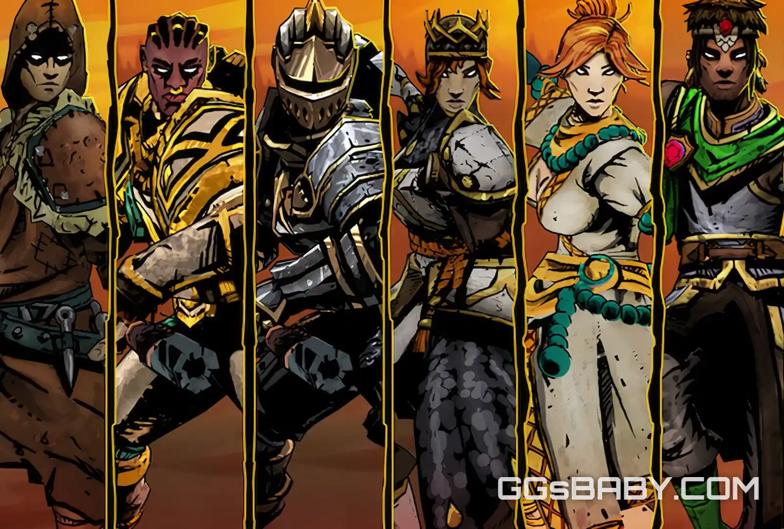 Six SWORN playable champion characters standing in a stylized comic book roster lineup via ggsbaby.com