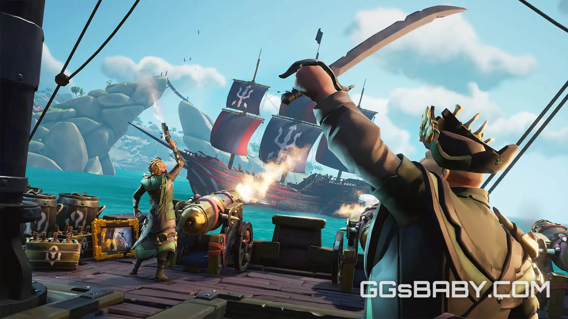 Pirate swinging a cutlass and shooting a flintlock pistol during ship combat via ggsbaby.com   