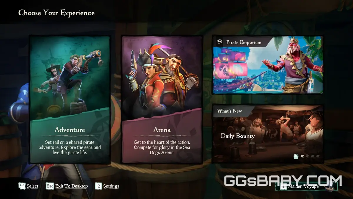 Main menu screen showing Adventure mode, Arena, and Pirate Emporium options via ggsbaby.com