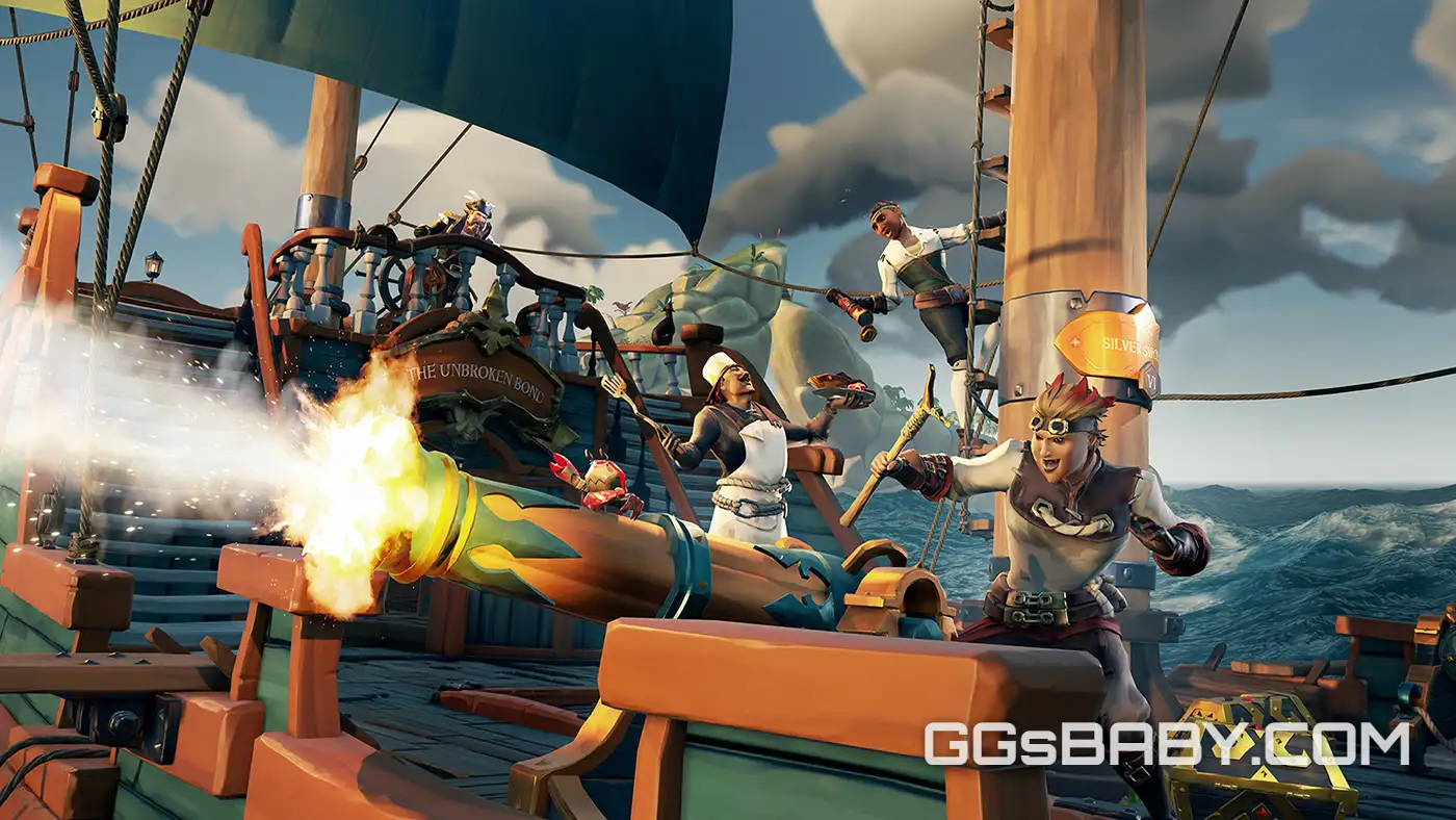 Pirate crew celebrating and firing cannons on a ship deck via ggsbaby.com