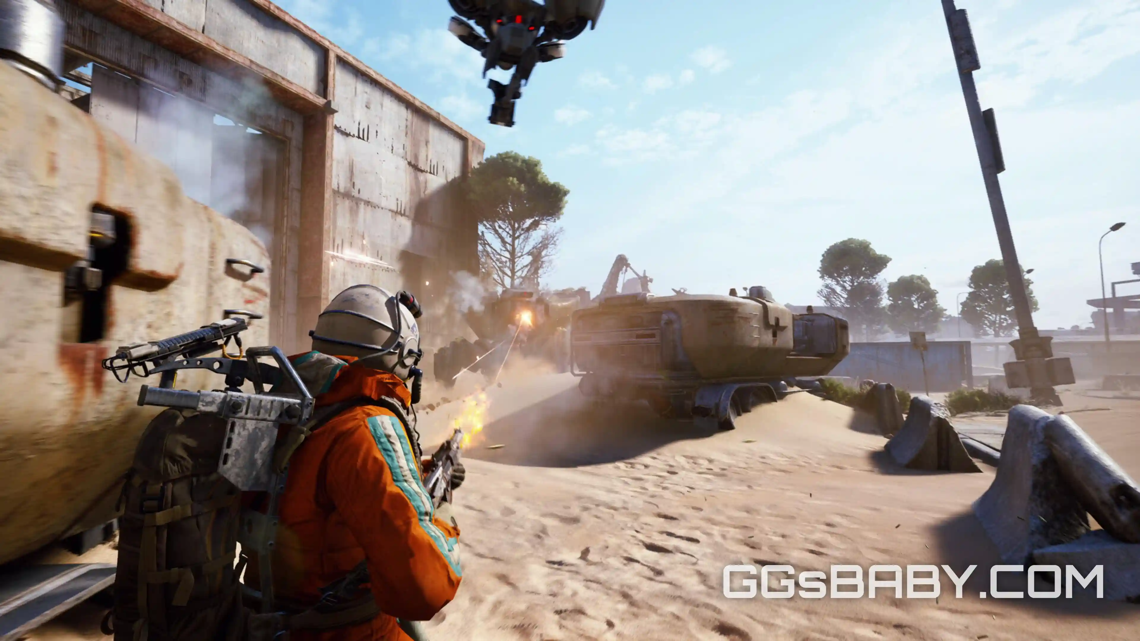 Raider in an orange jumpsuit firing an assault rifle at an airborne ARC drone machine via ggsbaby.com
