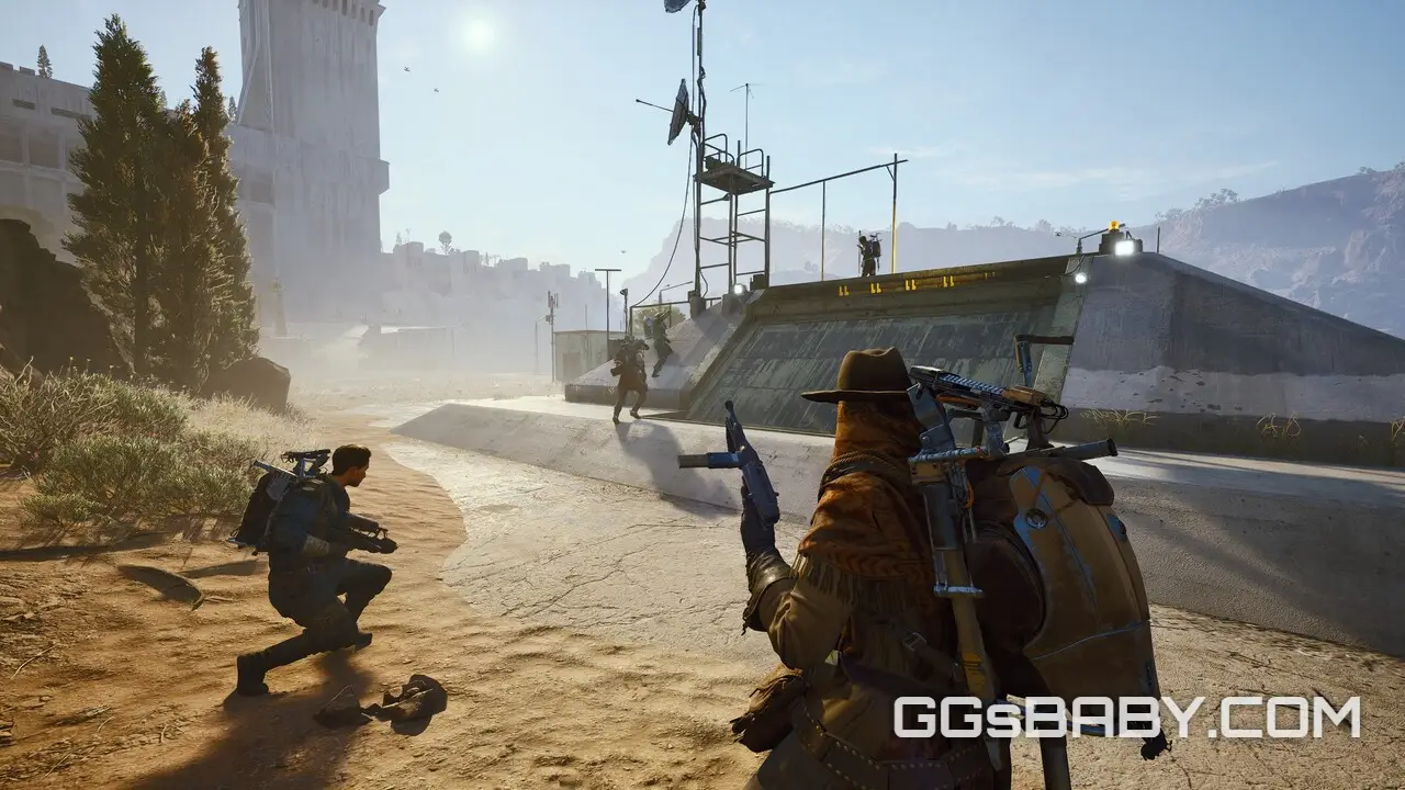 Squad of Raiders regrouping near a concrete outpost structure in a desert wasteland via ggsbaby.com