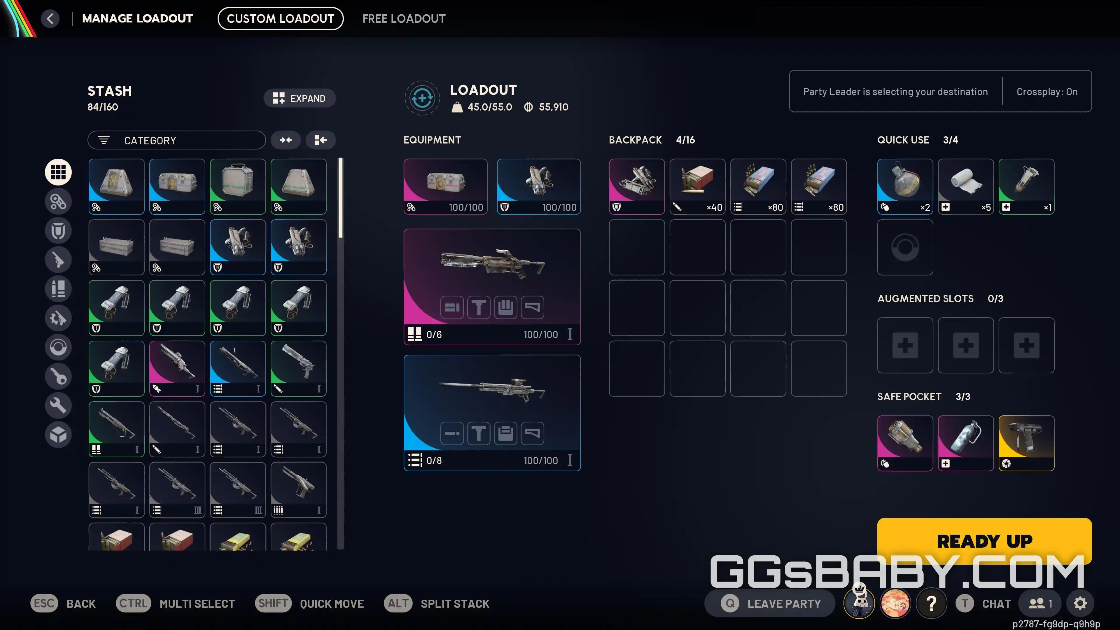ARC Raiders inventory menu showing custom loadout equipment, weapons, and stash items via ggsbaby.com