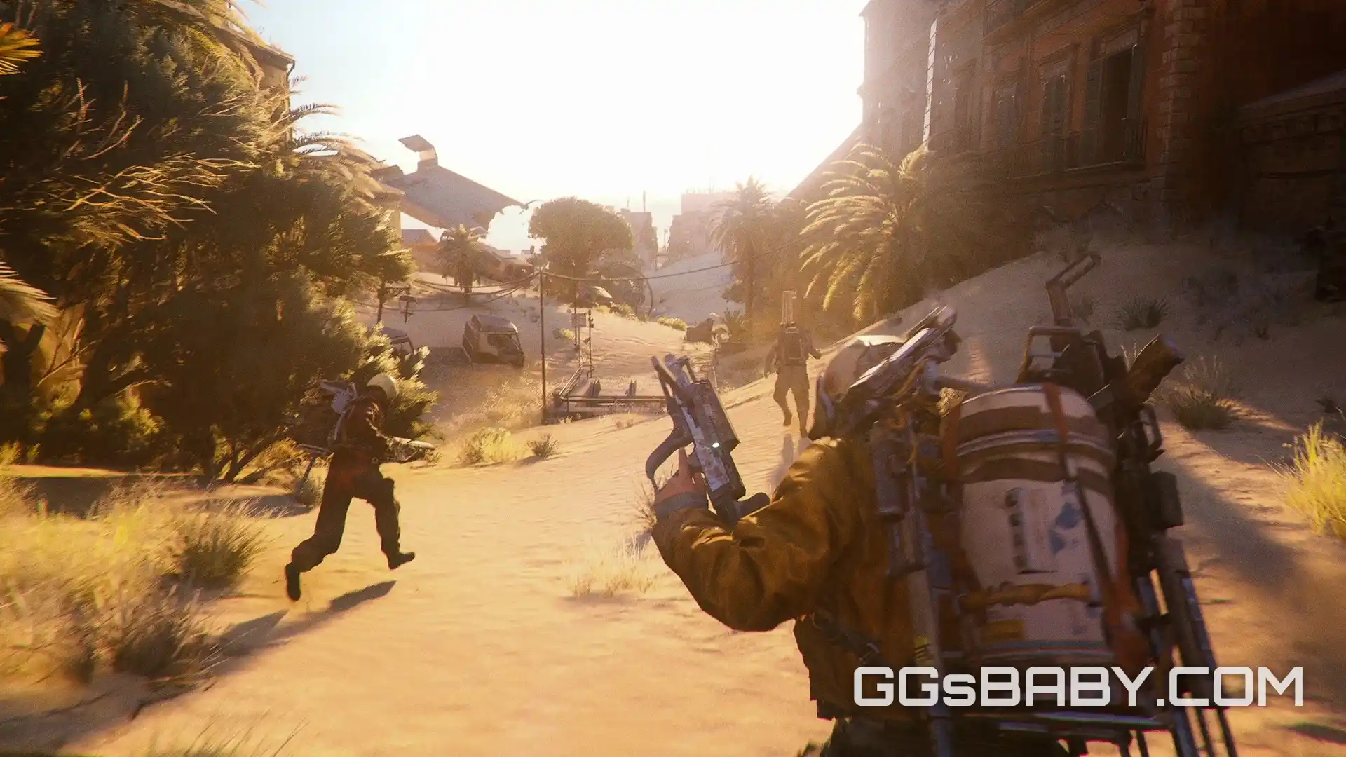 Third-person view of Raiders sprinting through desert dunes with weapons equipped via ggsbaby.com