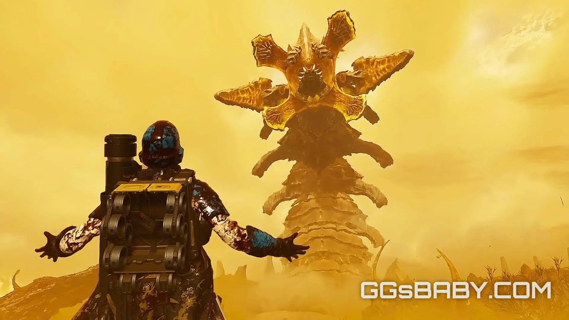 Helldiver standing with arms open before a colossal towering Hive Lord worm in yellow fog via ggsbaby.com