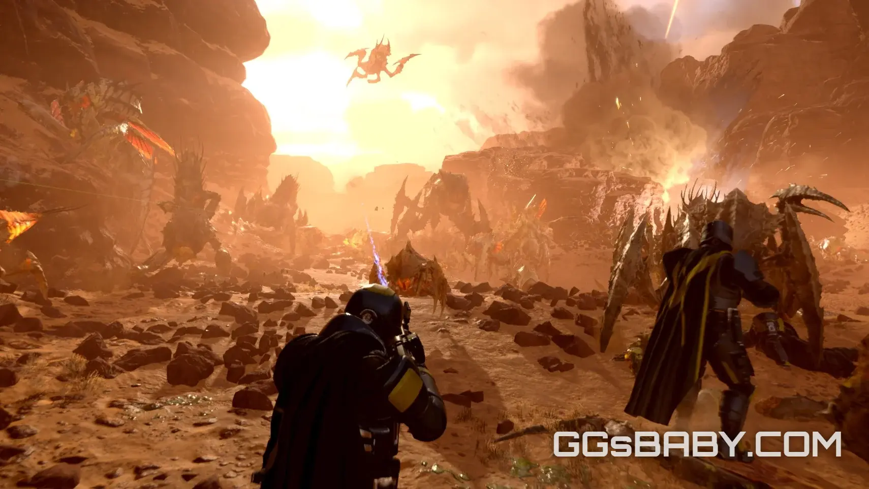 Squad of Helldivers firing rifles into a swarm of Terminid bugs in an orange canyon setting via ggsbaby.com