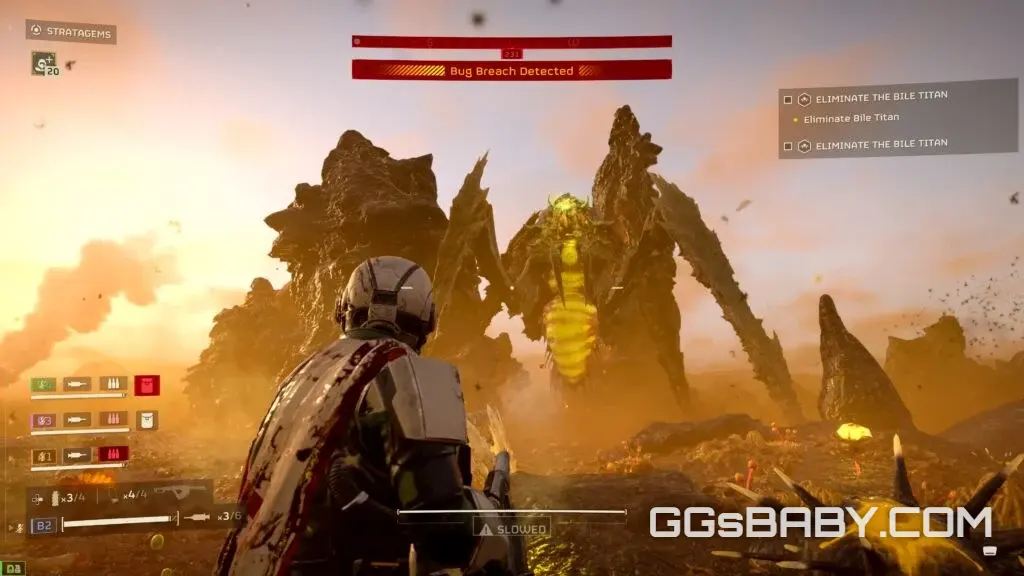 Third-person HUD view of a Helldiver facing a massive towering Bile Titan during a bug breach via ggsbaby.com