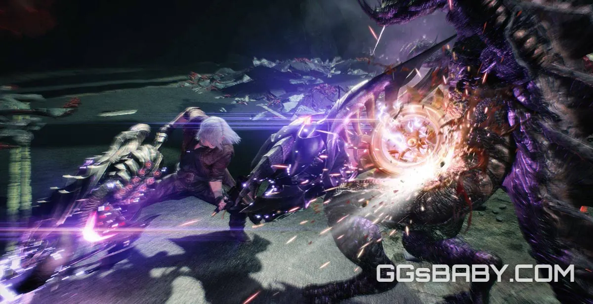 Dante striking a large horned demon with the Cavaliere motorcycle weapon via ggsbaby.com