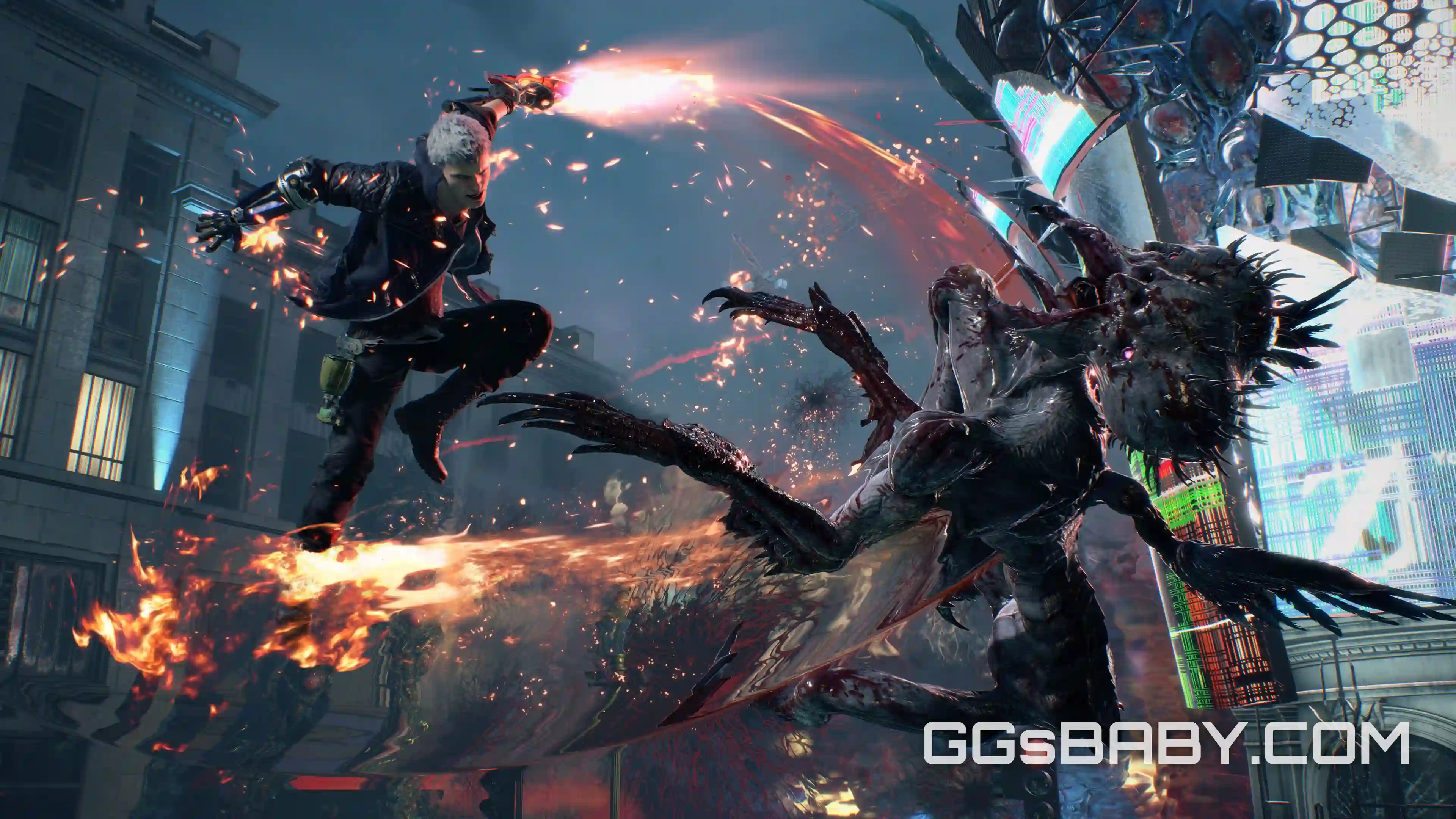 Nero executing a fiery mid-air sword attack against an airborne demon via ggsbaby.com