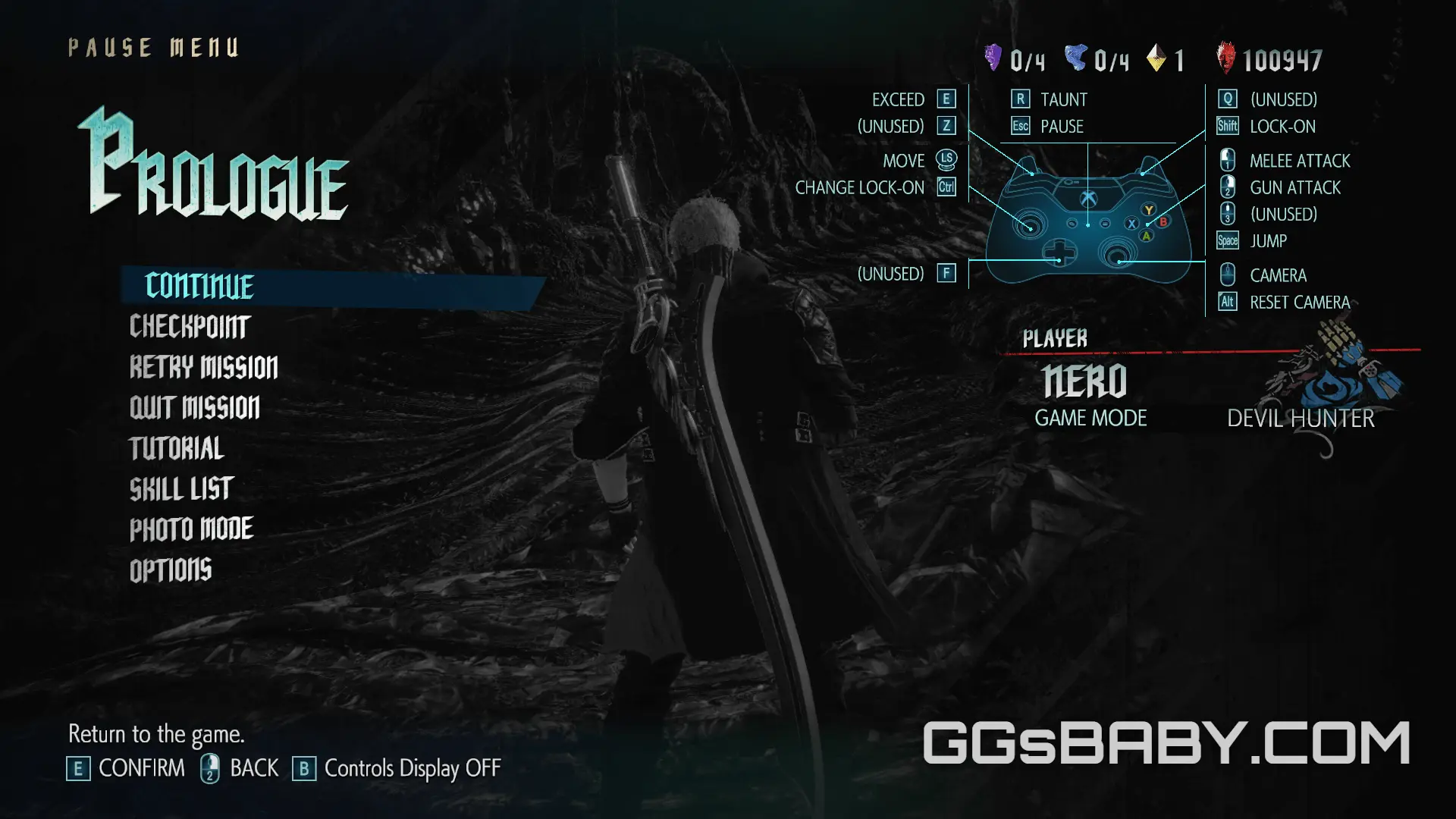 Devil May Cry 5 pause menu displaying controller layout and Prologue options via ggsbaby.com