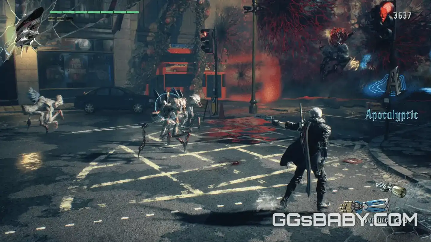 Nero shooting insectoid demons during city combat with style rank HUD visible via ggsbaby.com