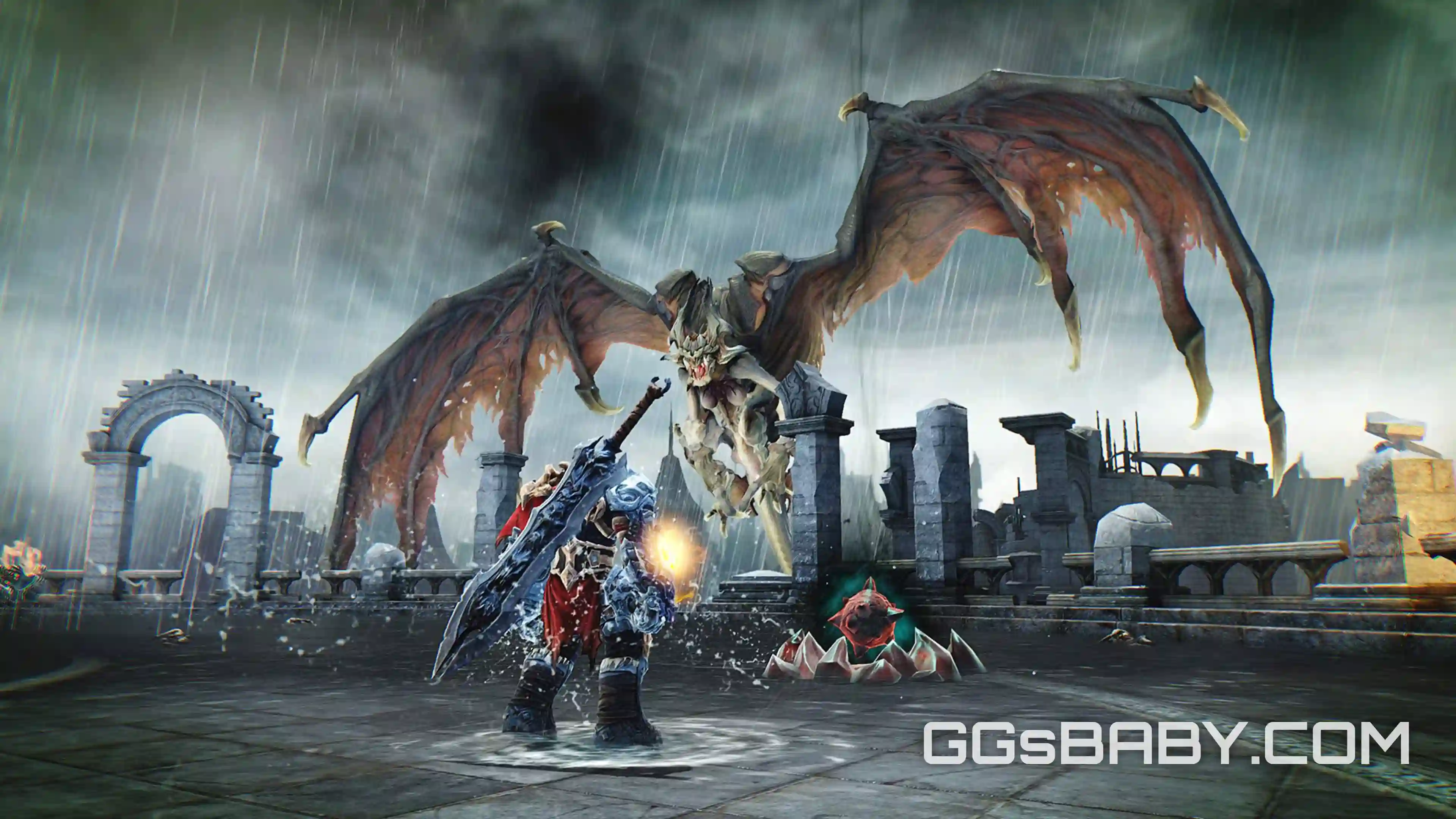 War confronting the winged demon boss Tiamat on a rainy cathedral rooftop with inert bomb plants via ggsbaby.com