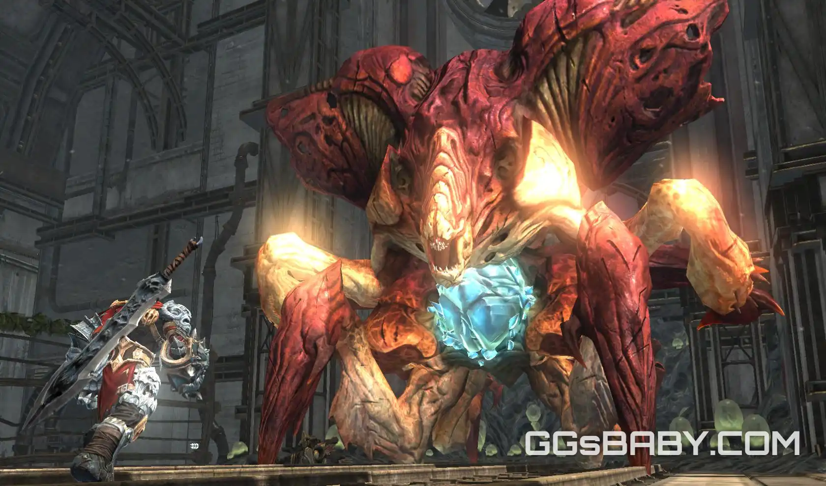War facing the giant subterranean boss Griever exposing its glowing blue crystal weak point via ggsbaby.com
