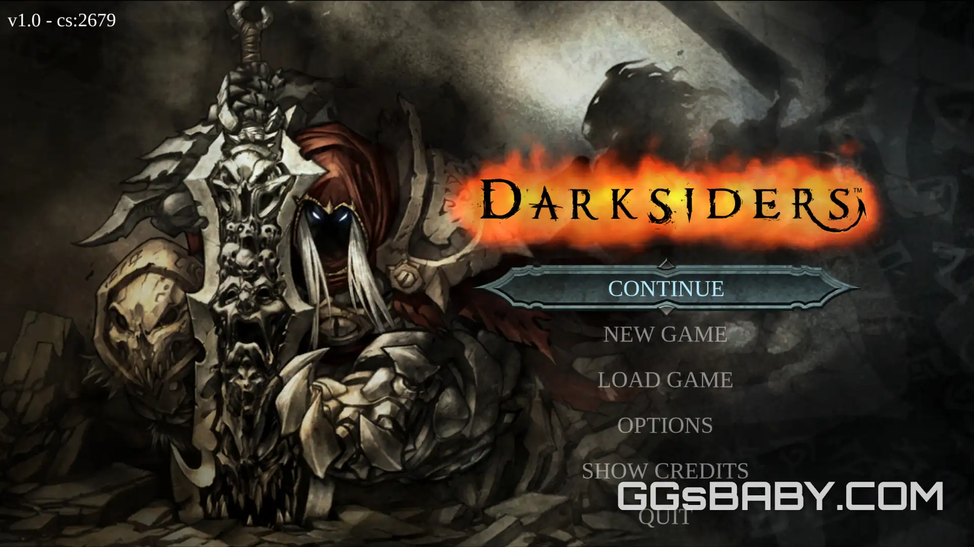 Darksiders main title menu featuring War holding Chaoseater sword next to glowing option text via ggsbaby.com