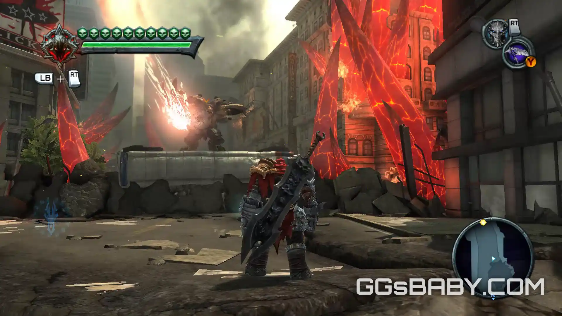 War standing in a ruined apocalyptic city street facing red crystal structures with full combat HUD via ggsbaby.com