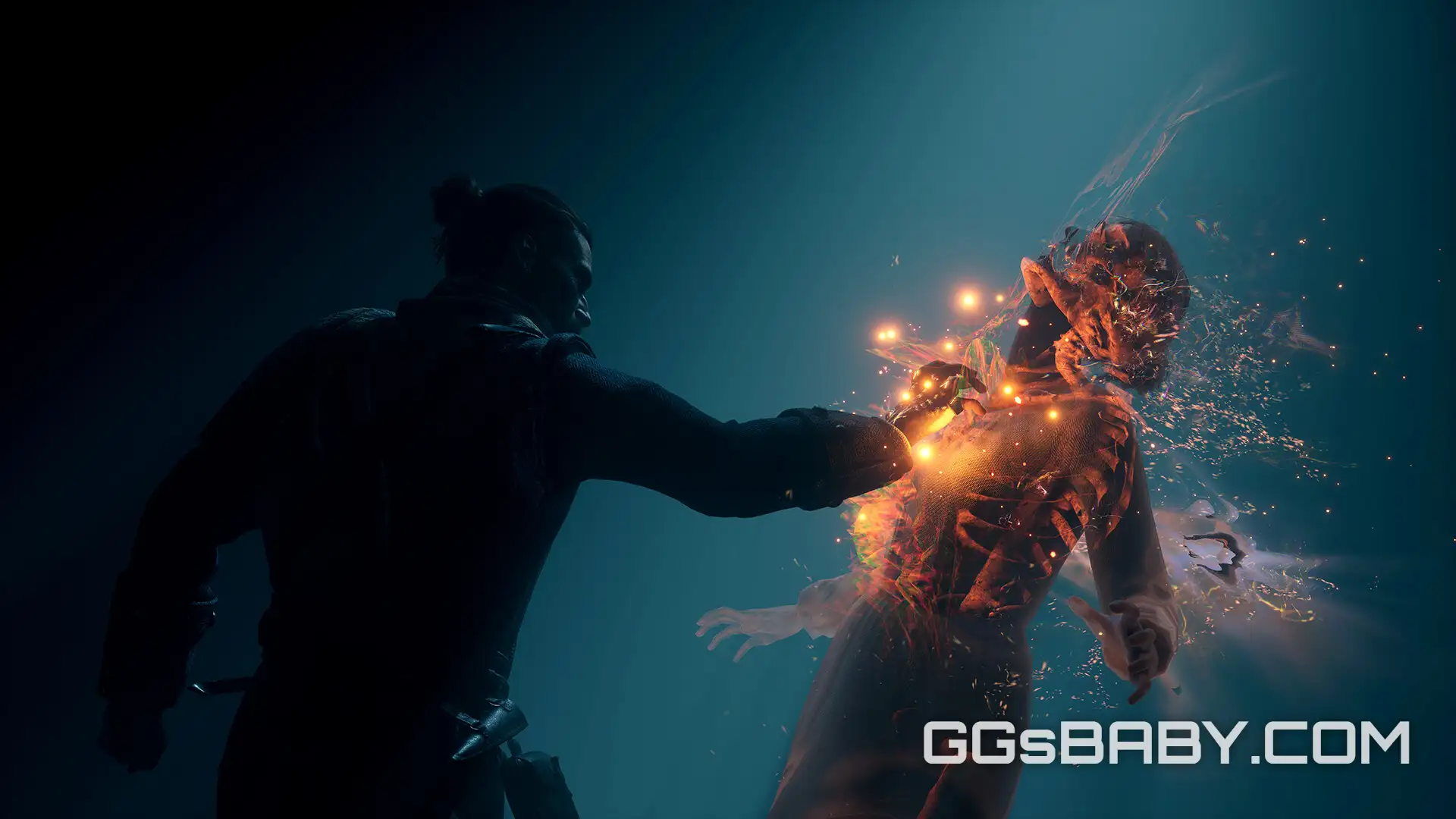 Red in silhouette touches a ghost, releasing bright orange energy during a banishment sequence via ggsbaby.com