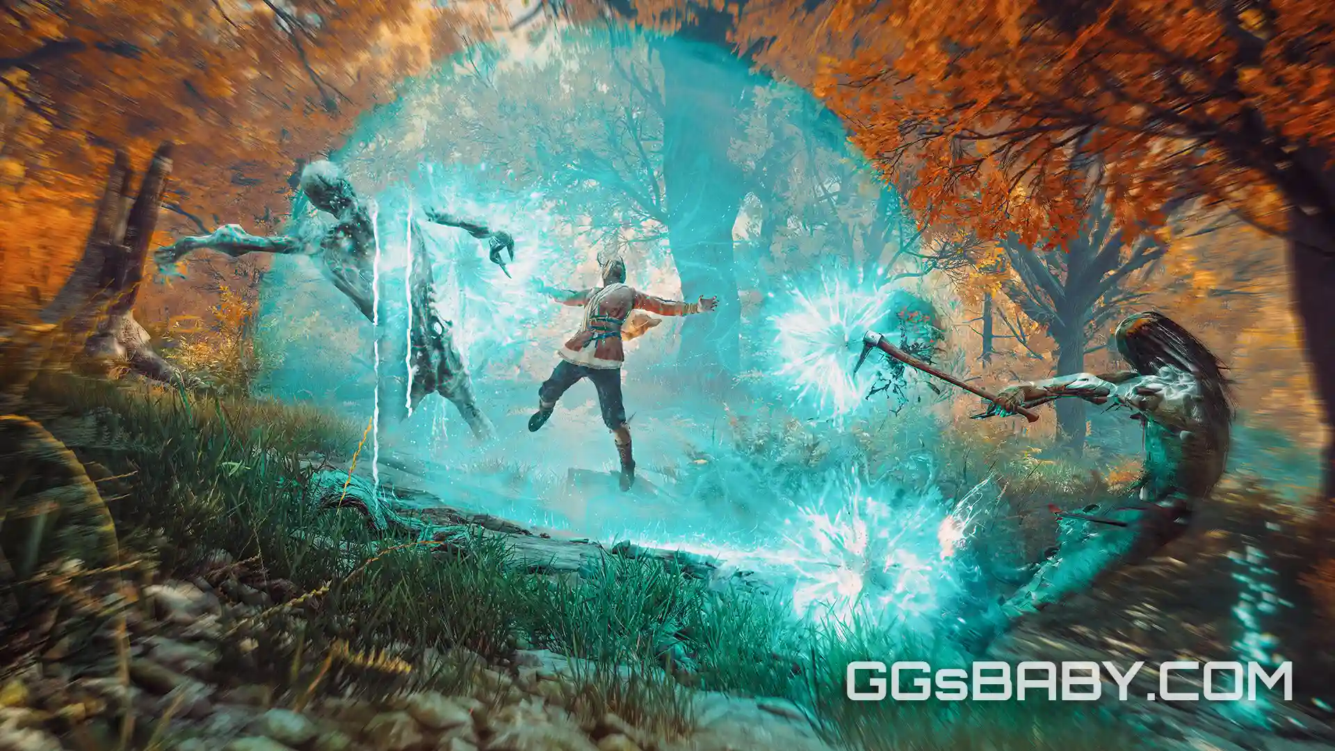 Red Mac Raith leaps as a large blue spectral energy orb bursts, pushing back a ghost and a zombie via ggsbaby.com