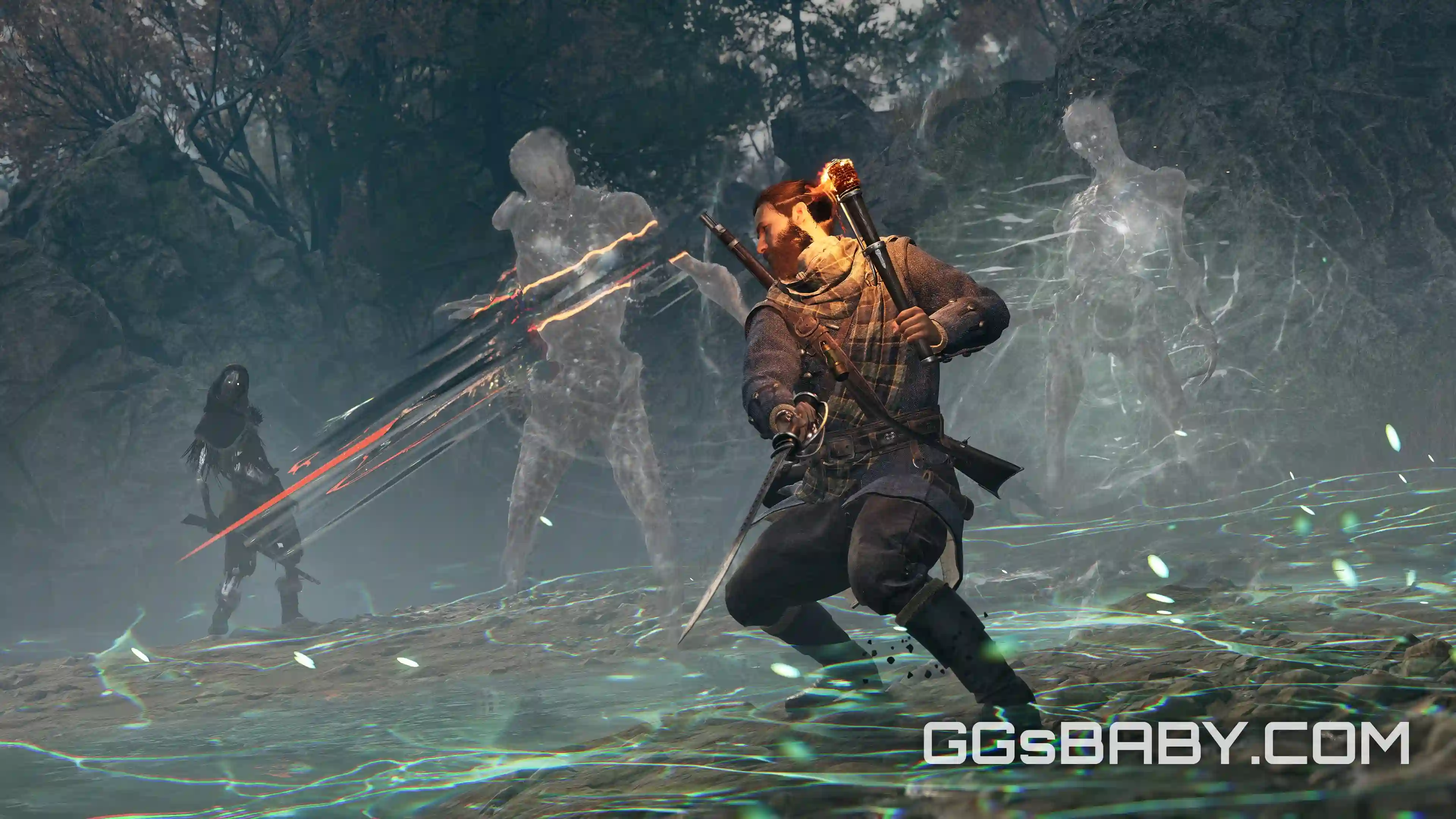 Red Mac Raith swings a saber and torch at translucent ghost figures in a dark, outdoor setting via ggsbaby.com