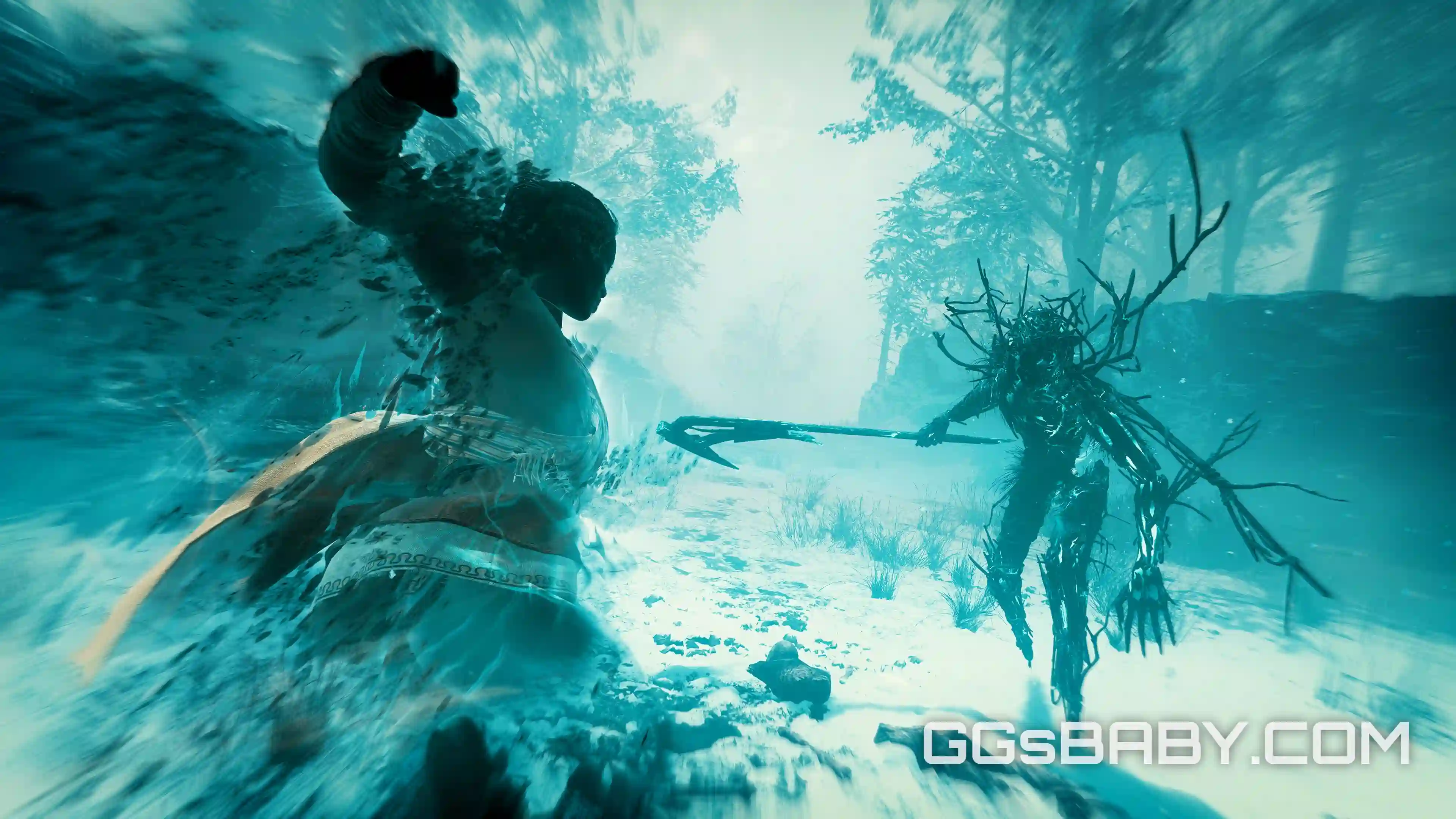 Antea, in spectral form, preparing a punch against a thorny Scourge monster in a misty, blue forest via ggsbaby.com