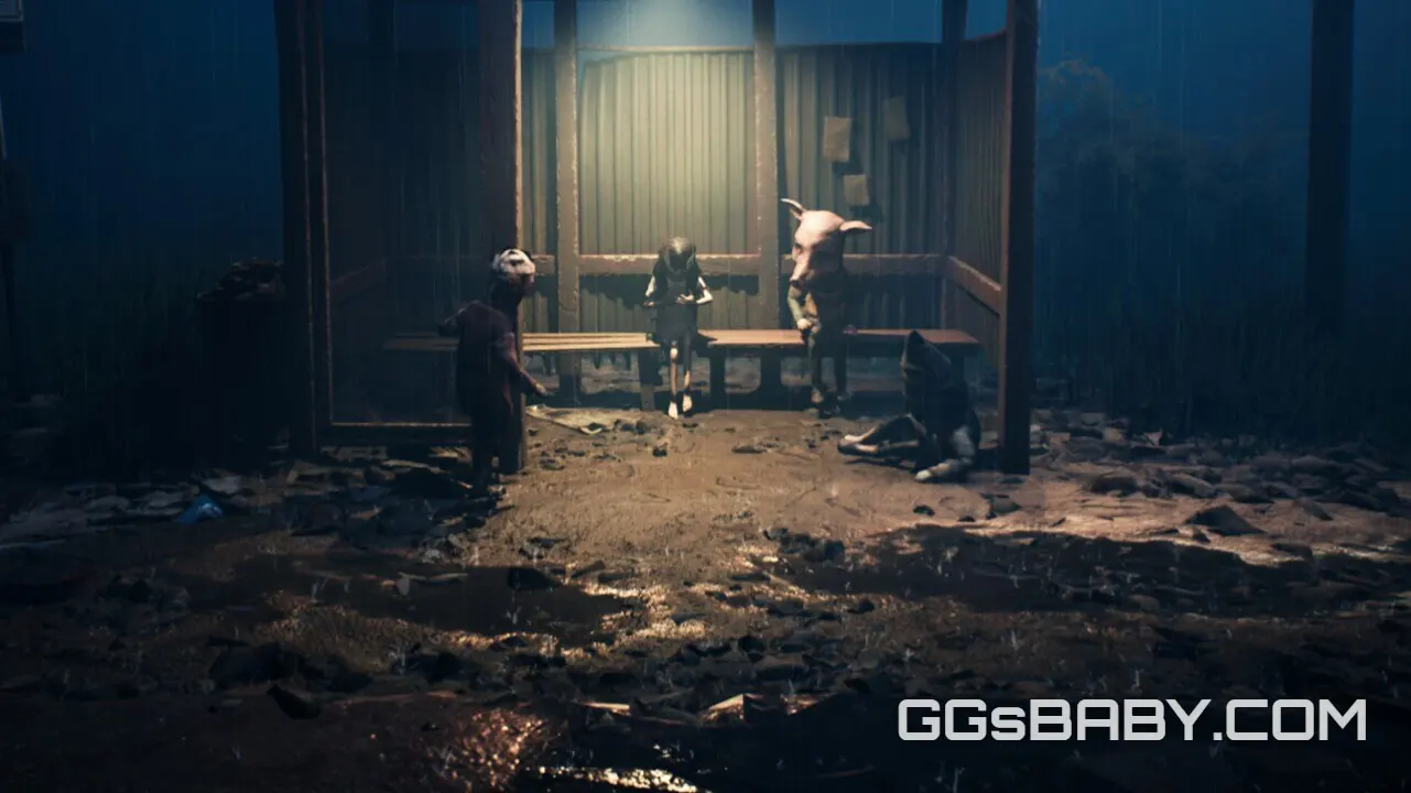 Group of children and masked figures sitting and standing under a dilapidated shelter during a heavy rainstorm via ggsbaby.com