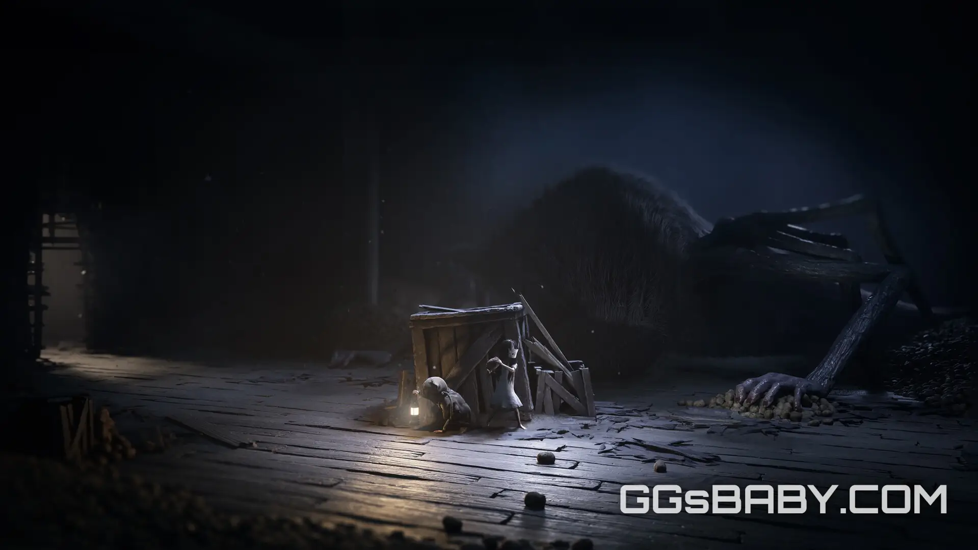 Two children hiding behind a makeshift wooden barricade while a massive monstrous hand reaches from the darkness via ggsbaby.com