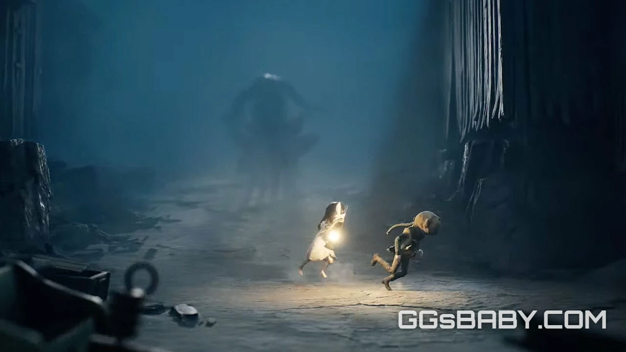 Two child characters running from a massive, shadowy monster chasing them through a dark, foggy cavern via ggsbaby.com