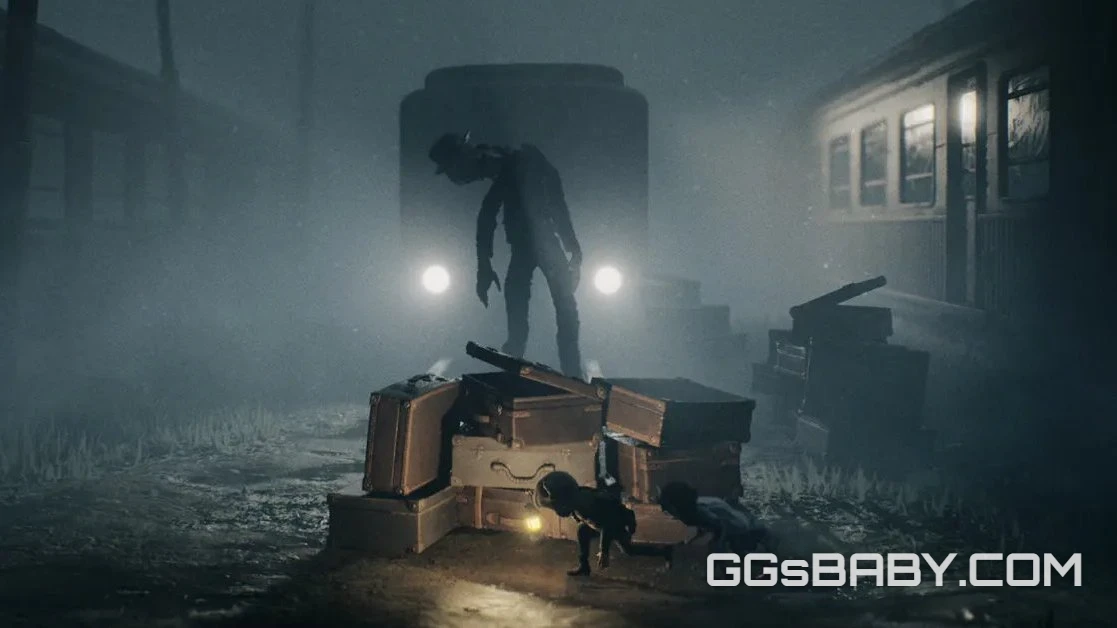 A tall, skinny hat-wearing figure standing behind luggage as two smaller children examine a pile of suitcases via ggsbaby.com