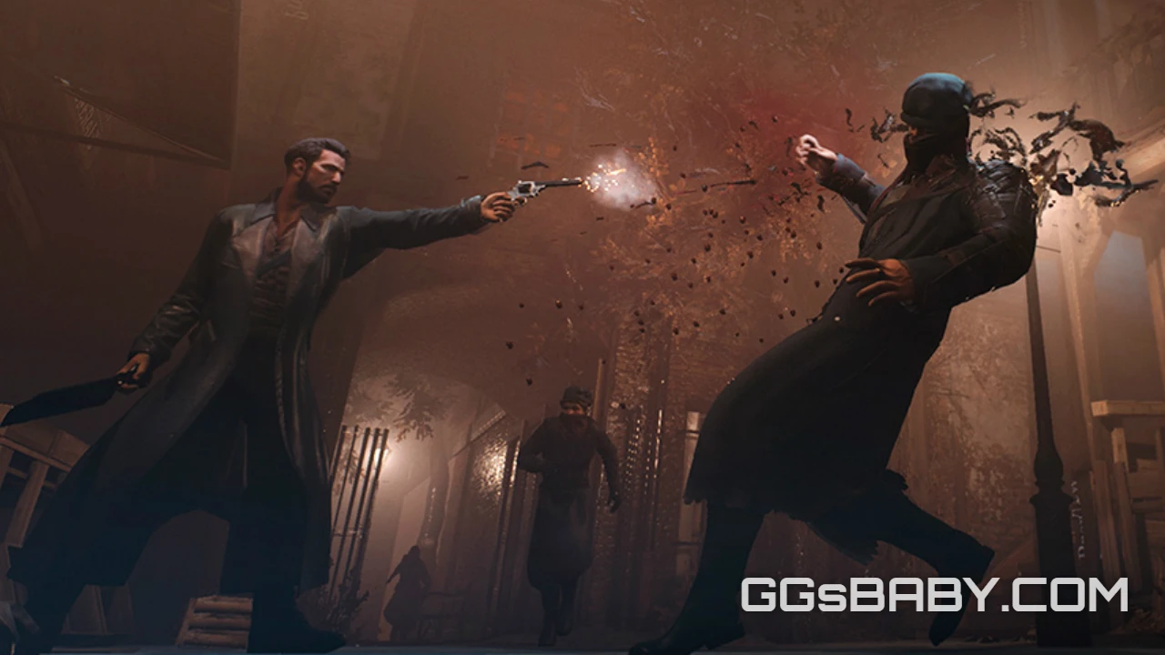 Jonathan Reid shooting a pistol at an enemy in a dark London street, causing a bloody effect via ggsbaby.com