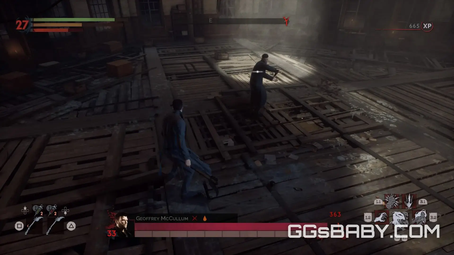 Third-person combat against level 33 Geoffrey McCullum on a broken wooden floor in Vampyr via ggsbaby.com