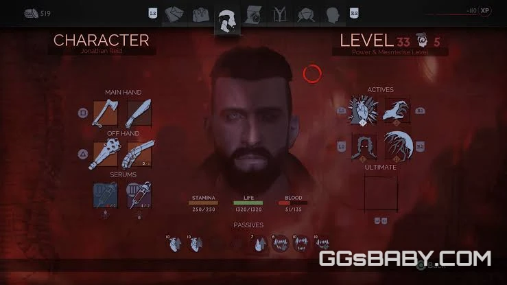 The character menu in Vampyr showing level 33 Jonathan Reid, stats for health and blood, and skill slots via ggsbaby.com
